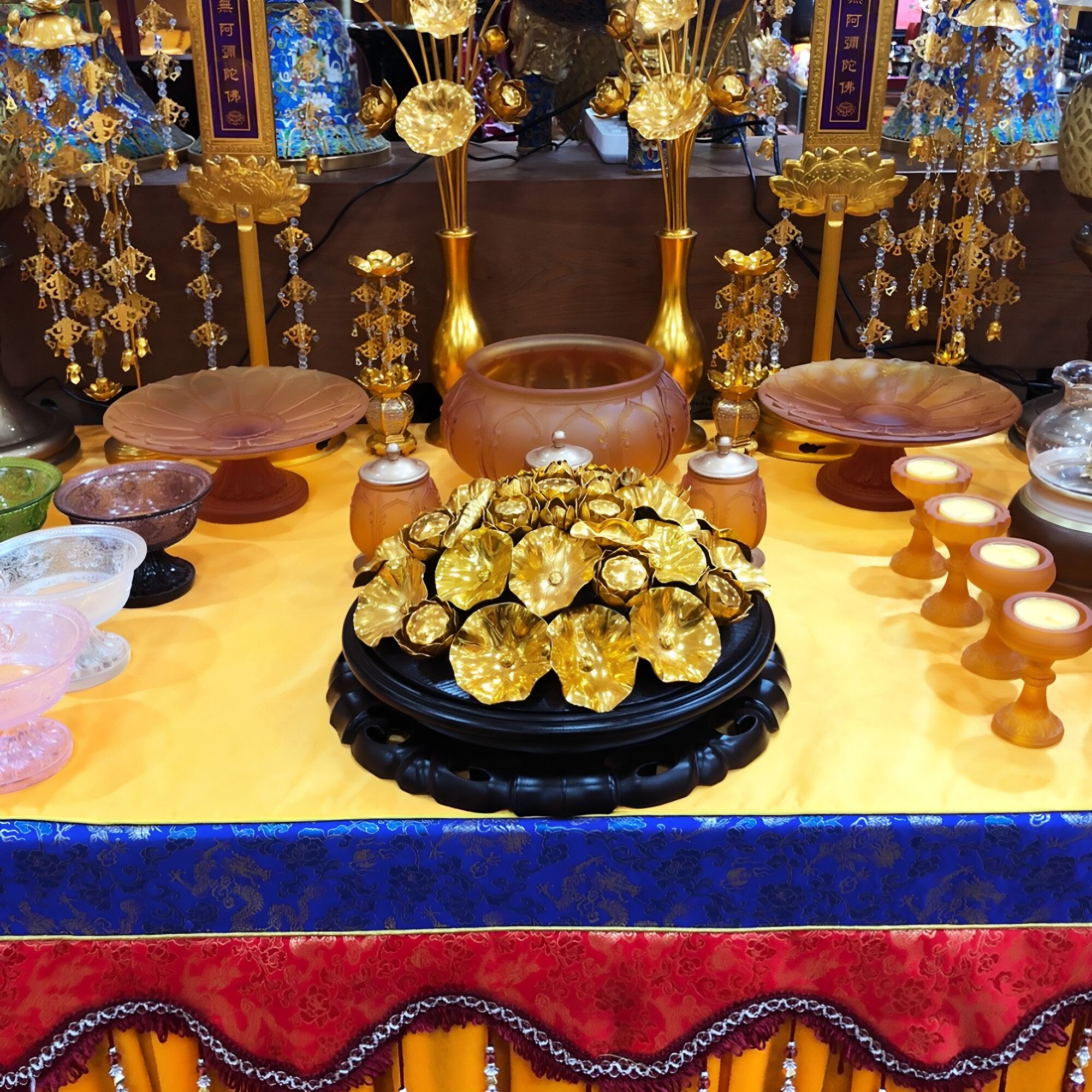 佛堂鎏金莲花仿真花束供佛花瓶荷花家居供佛盆花摆件寺庙佛具摆件