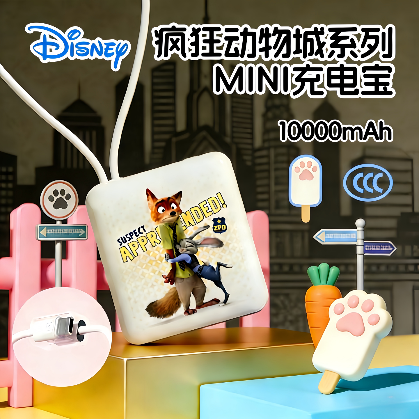 迪士尼朱迪尼克充电宝自带双线快充大容量2026新款3c认证可上飞机