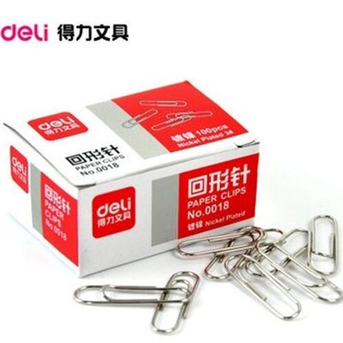 得力回形针0018 曲别针 镀镍表层 100枚/盒 29mm 银色回形针