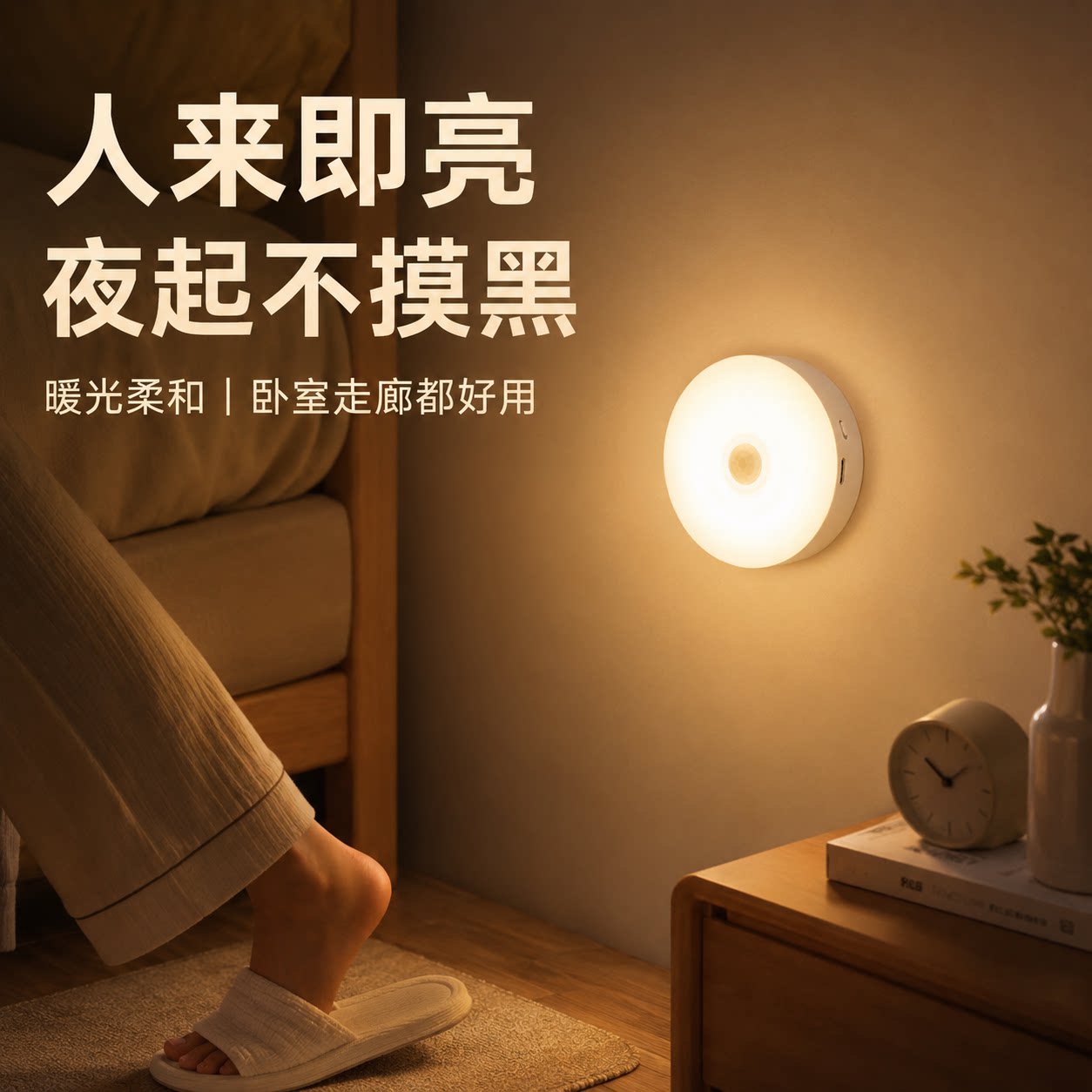 圆形夜间自动感应灯人来即亮充电磁吸柔光护眼床边起夜灯家用省电