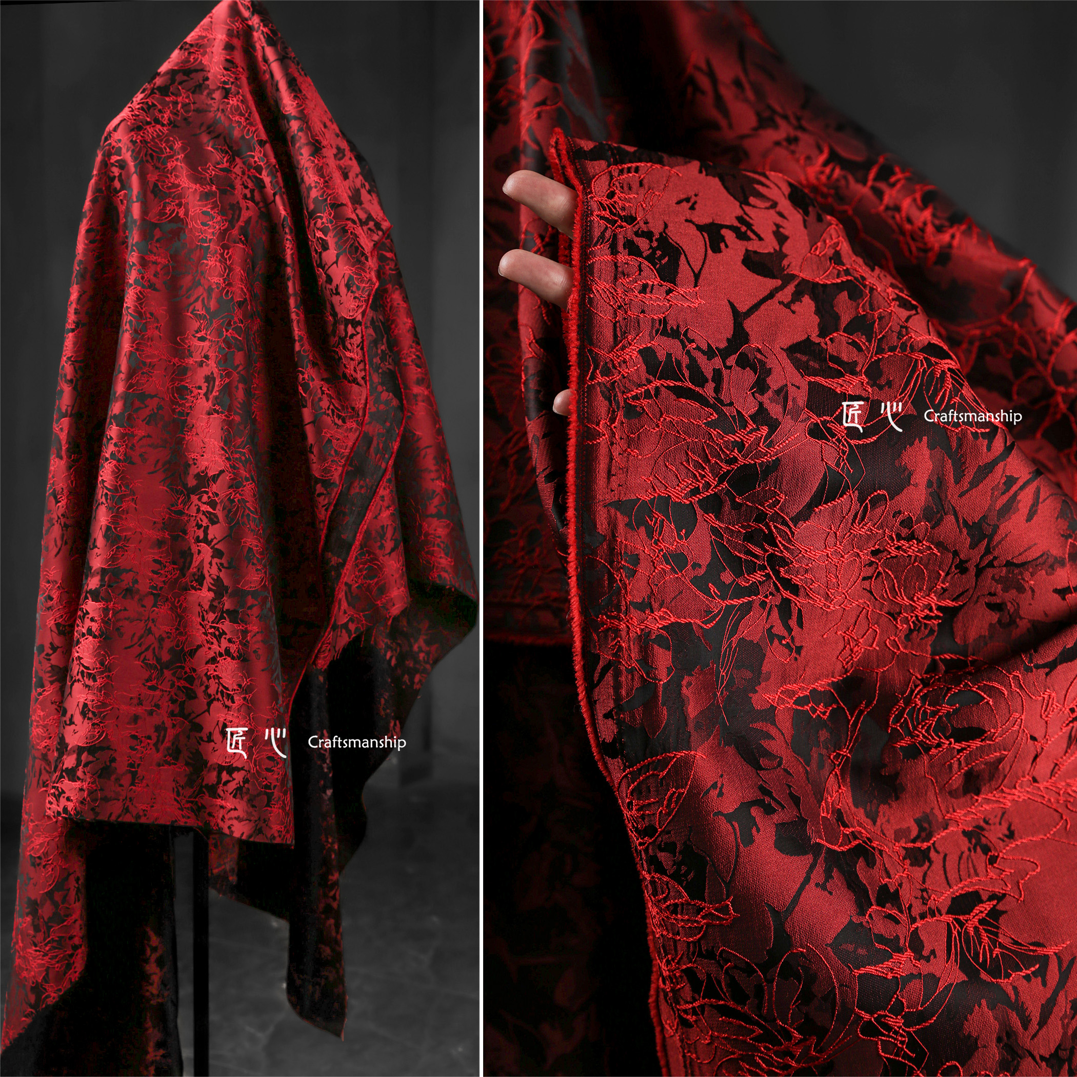 匠心设计师面料红色植物花卉提花