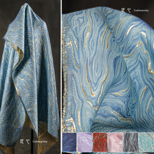 蓝色海 金丝微光提花布 立体肌理油画艺术高定外套服装设计师面料