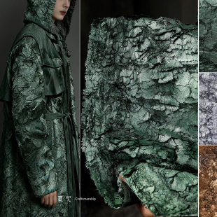 复古绿金属裂纹烫金古铜创意皮草毛呢布料毛绒肌理服装 设计师面料