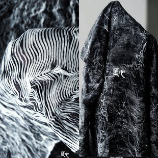 深蓝白条纹肌理牙签折皱布料新潮手工diy时装百褶裙服装设计面料