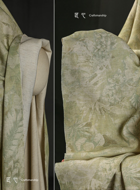 复古绿色繁花亚麻印花拓染布 文艺国风棉麻外套裙子服装设计面料