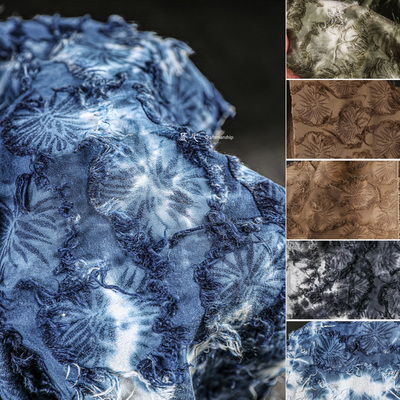 扎染蓝白色暗花流苏  棉麻布天然手工植物扎染肌理服装设计师面料
