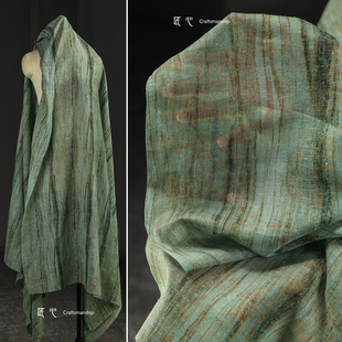 复古绿松石条纹棉麻布料做旧文艺斑驳肌理衬衫裙子服装设计师面料