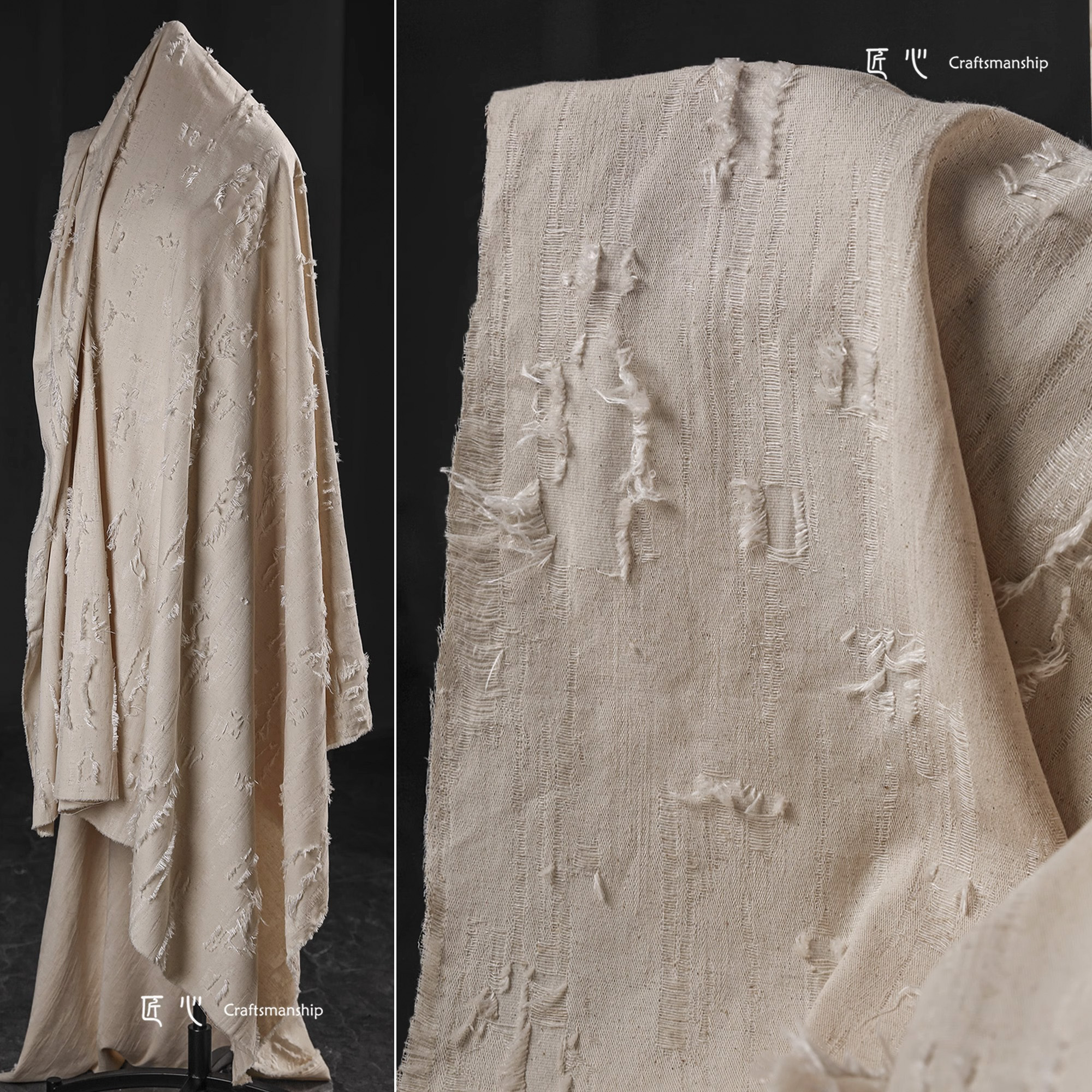 麻本色破烂毛边棉麻水洗水布料 再造肌理复古文艺服装设计师面料