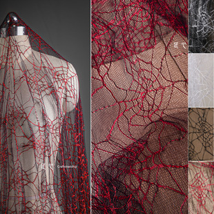 黑红色蜘蛛网肌理薄网纱蕾丝布 创意透视网眼diy舞台摄影服装面料