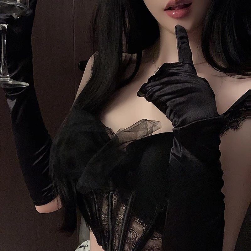 礼服手套长款复古黑色赫本风丝绒弹力新娘婚纱缎面晚宴礼仪高级感
