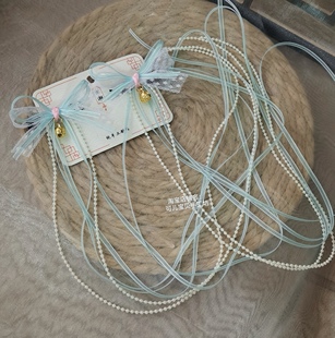 汉服古典头饰蝴蝶结飘带发饰汉元素双马尾编发绳发带天蓝色侧边夹