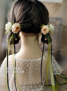 古典绢花头饰汉服飘带铃铛发夹子新中式汉元素侧边夹古装绿色发饰