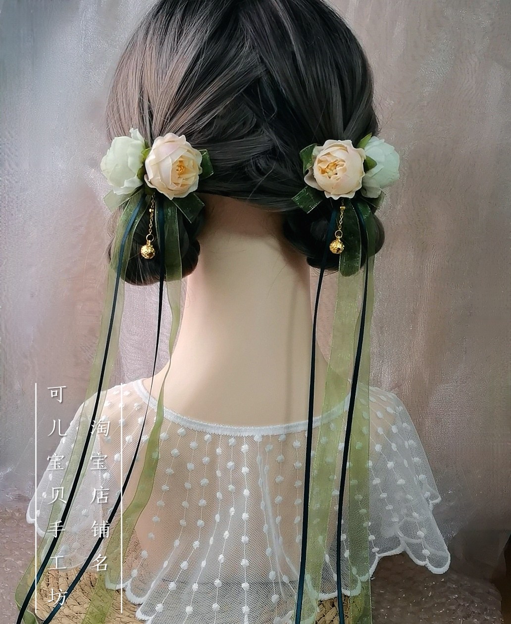 古典绢花头饰汉服飘带铃铛发夹子新中式汉元素侧边夹古装绿色发饰