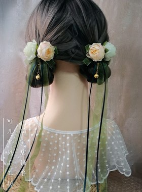 古典绢花头饰汉服飘带铃铛发夹子新中式汉元素侧边夹古装绿色发饰