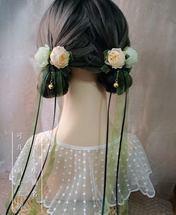 古典绢花头饰汉服飘带铃铛发夹子新中式汉元素侧边夹古装绿色发饰