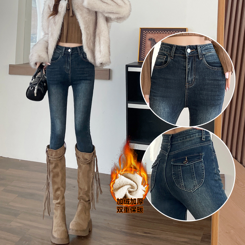 百搭显瘦洋气加绒加厚高腰牛仔裤