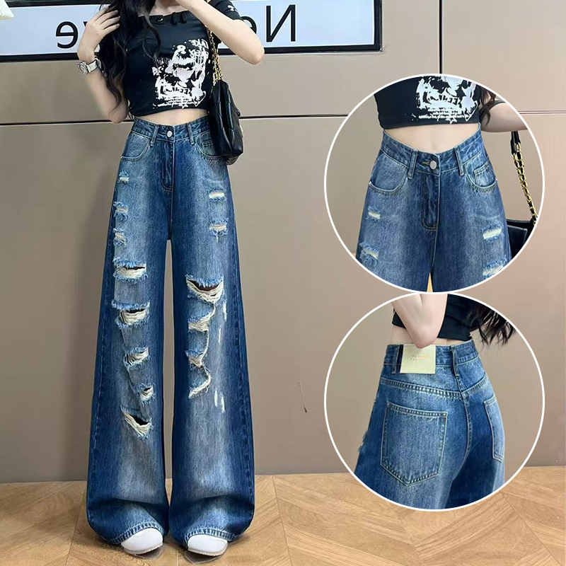 夏季薄款宽松慵懒破洞直筒牛仔裤