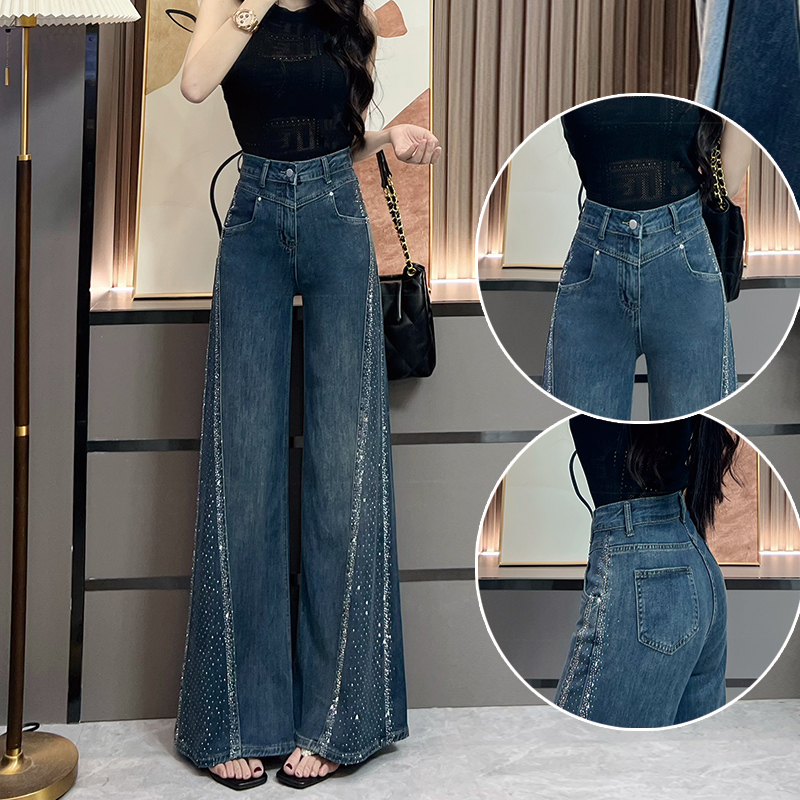 烫钻阔腿喇叭牛仔裤女2025年春夏新款时尚辣妹宽松水洗蓝直筒裤子