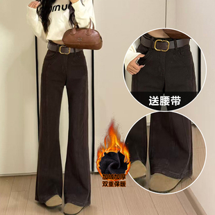 港风百搭咖啡色裤 宽松爆款 子 女秋冬2025新款 加绒不贴腿喇叭牛仔裤