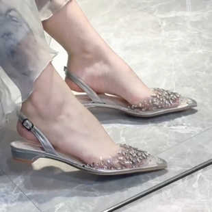 2025夏季新款水晶鞋女凉鞋仙女风配裙子的鞋子粗跟高跟包头罗马鞋