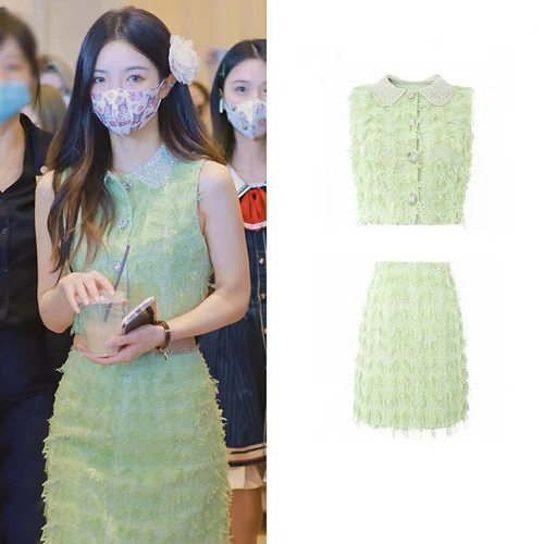 2025夏季新设计师同款绿夏青草钻扣洋气辣妹无袖套装绿野仙踪1404