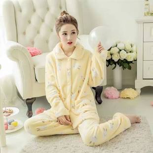 跨境新款 可穿加绒女士法兰绒睡衣保暖加绒珊瑚绒家居服 春秋冬三季