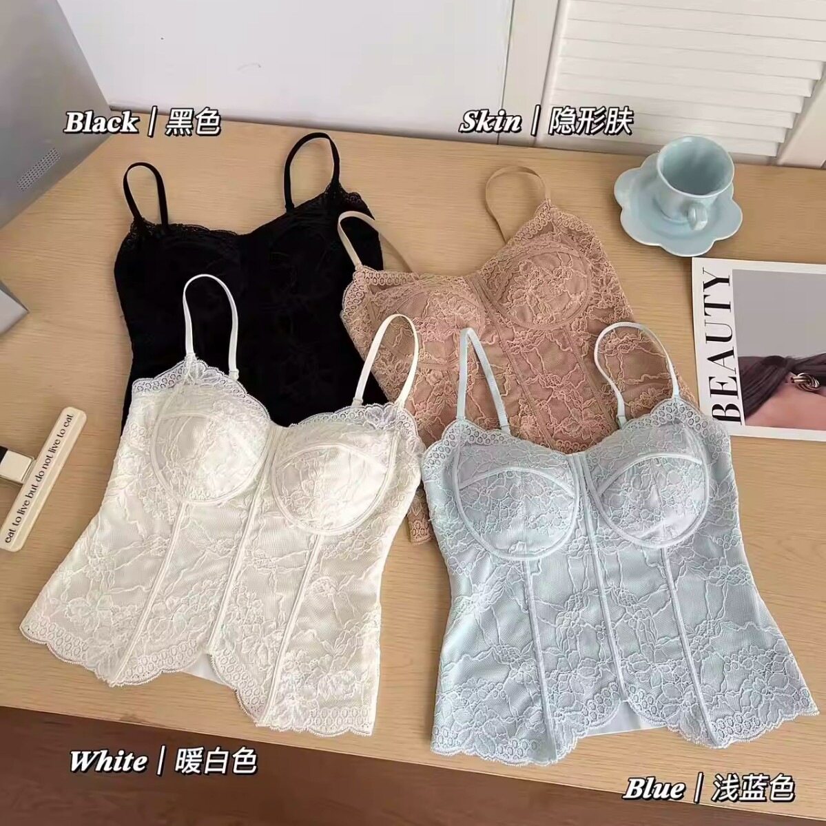 法式鱼骨蕾丝吊带背心女带胸垫修身显瘦内搭外穿基础打底上衣背心