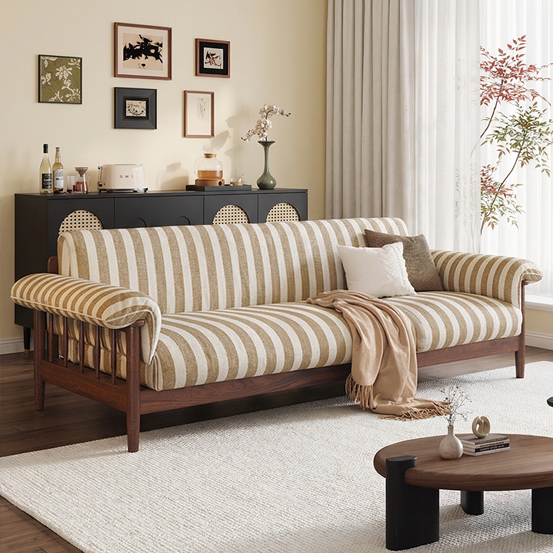 KIXOON 可全拆洗亚麻布艺沙发条纹中古懒惰风胡桃木实木框架梳化