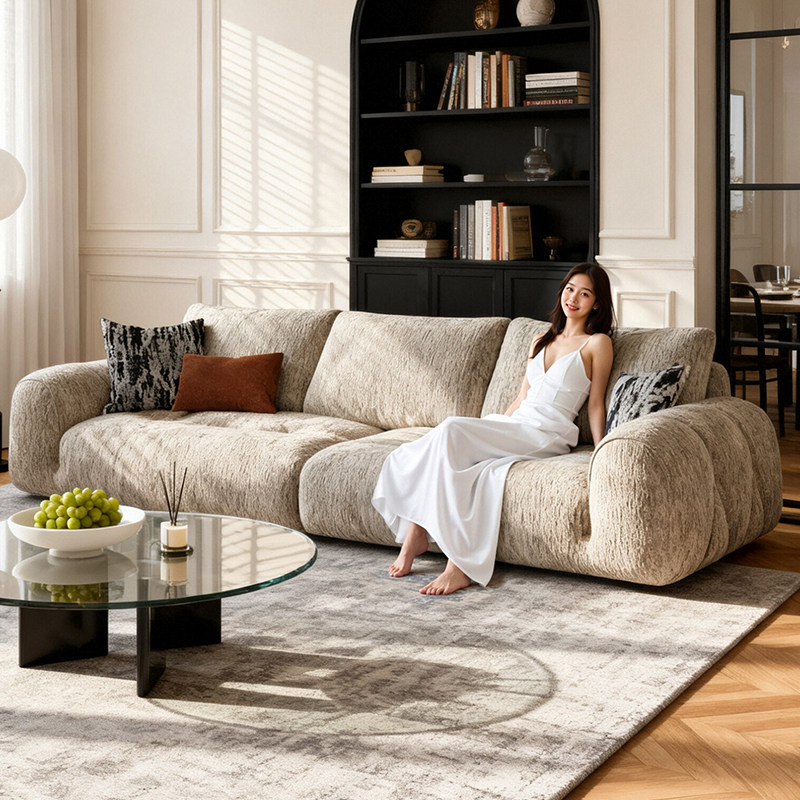 雪尼尔沙发法式复古客厅直排云朵沙发2026新款中古风布艺沙发