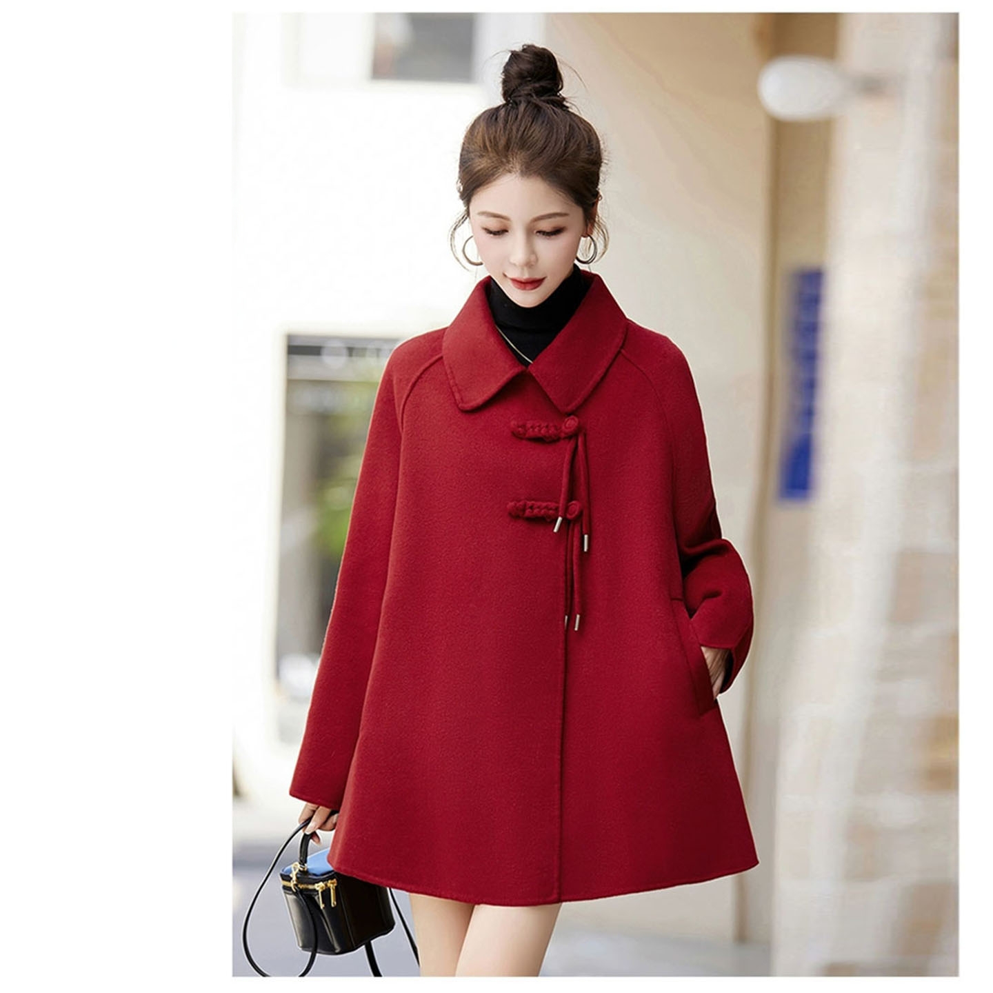 高端斗篷双面毛呢2025秋冬新款女装红色毛呢外套女中长款羊毛大衣