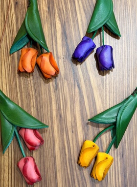 头层牛皮郁金香花朵包包挂件