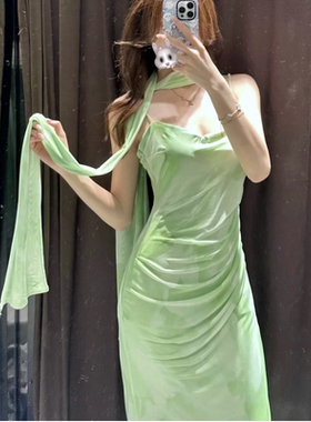 ZA夏季新款绿色小清新性感吊带围巾饰绢网迷笛连衣裙3152327