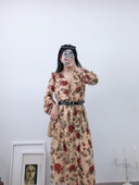 新品 女士复古长袖 V领印花迷笛连衣裙 嘟嘟欧美 2019秋季