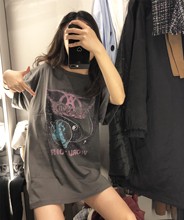 嘟嘟欧美2019夏季新品飞船做旧印花水洗摇滚短袖T恤女