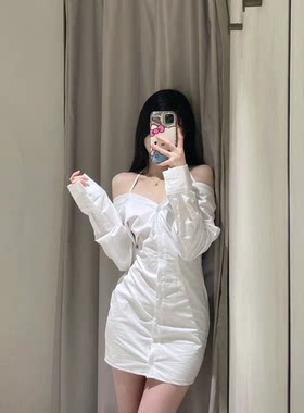 ZA春季法式纯欲风白色挂脖V领露肩长袖收腰衬衫式连衣裙3067335