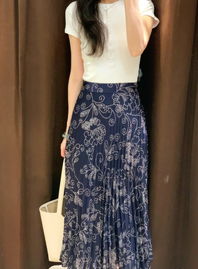 ZA夏季新品 女装印花蓝色迷笛百褶裙 2347104 2347/104