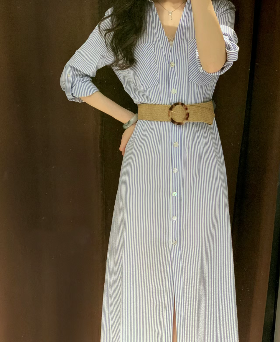ZA夏季新品配腰带亚麻混纺条纹卷袖衬衣式连衣裙4387062 044