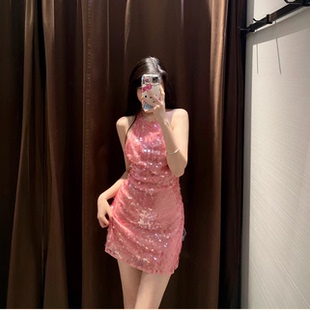 ZA粉红色露背礼服裙女珠片挂脖领短款连衣裙 8741271