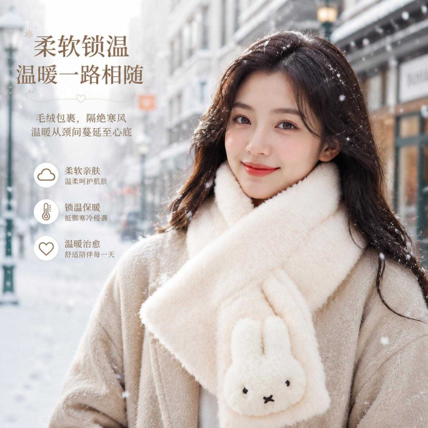可爱兔兔仿兔毛毛绒围巾女秋冬季柔软学生女纯色交叉保暖加厚围巾