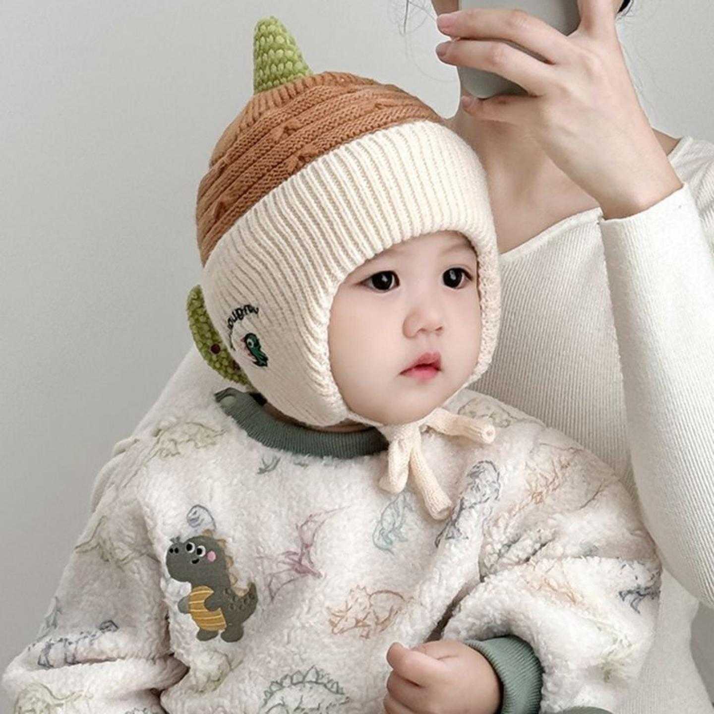秋冬新款儿童毛线帽可爱立体恐龙造型加厚保暖护耳宝宝针织套头帽