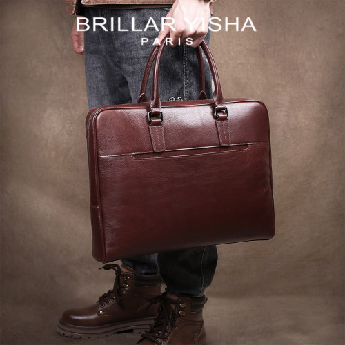 BRILLAR YISHA进口植鞣真皮商务公文包纯手工鞣制头层牛皮手提包
