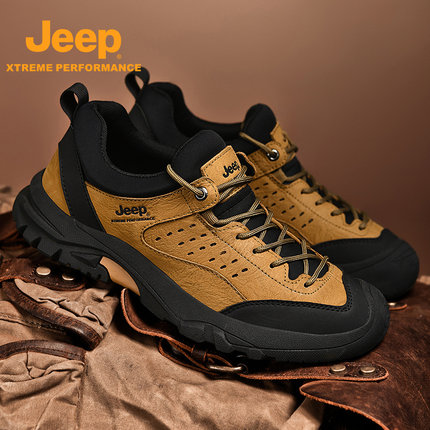 jeep男鞋秋冬休闲运动鞋户外徒步登山鞋防滑真皮软底中年爸爸鞋子