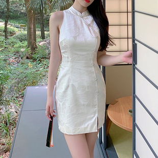 法式 显瘦裙子 1复古提花暗纹优雅女人无袖 旗袍连衣裙修身