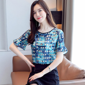 RM20273#洋气花色雪纺衫衬衫女夏装新款短袖打底衫小衫露肩圆领上衣
