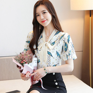 RM20275#花色雪纺衫衬衫女夏装新款短袖打底衫小衫韩版喇叭袖上衣服潮