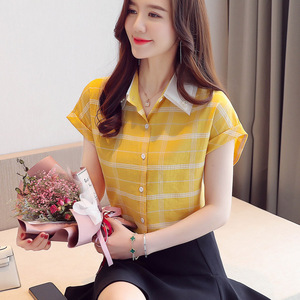 RM20271#洋气雪纺衫衬衫女夏装新款撞色领短袖打底衫小衫大格上衣
