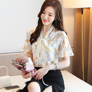 RM20275#花色雪纺衫衬衫女夏装新款短袖打底衫小衫韩版喇叭袖上衣服潮