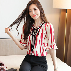 RM20274#圆领花色系带雪纺衫2023短袖短袖宽松上衣女夏超仙洋气小衫