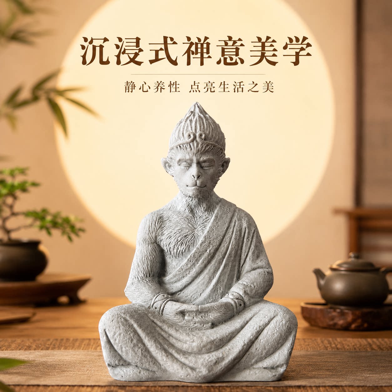 中式禅意孙悟空打坐摆件斗战胜佛仿砂石雕像博古架鱼缸造景摆件图片