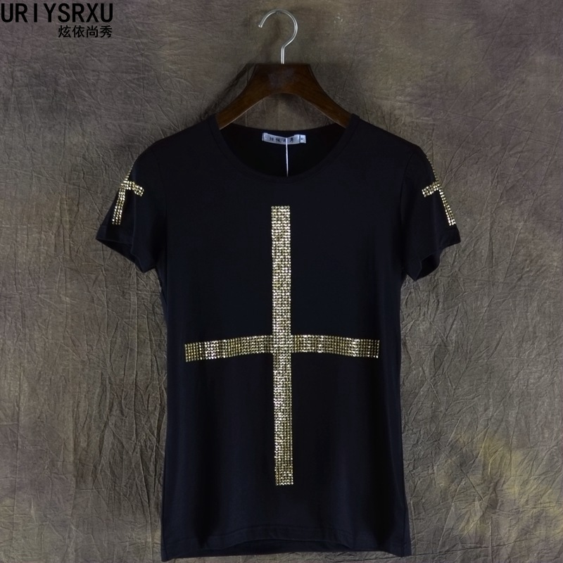 短袖T恤男 纯棉韩版潮2016t恤衫十字架烫钻夏季圆领加大码T-shirt